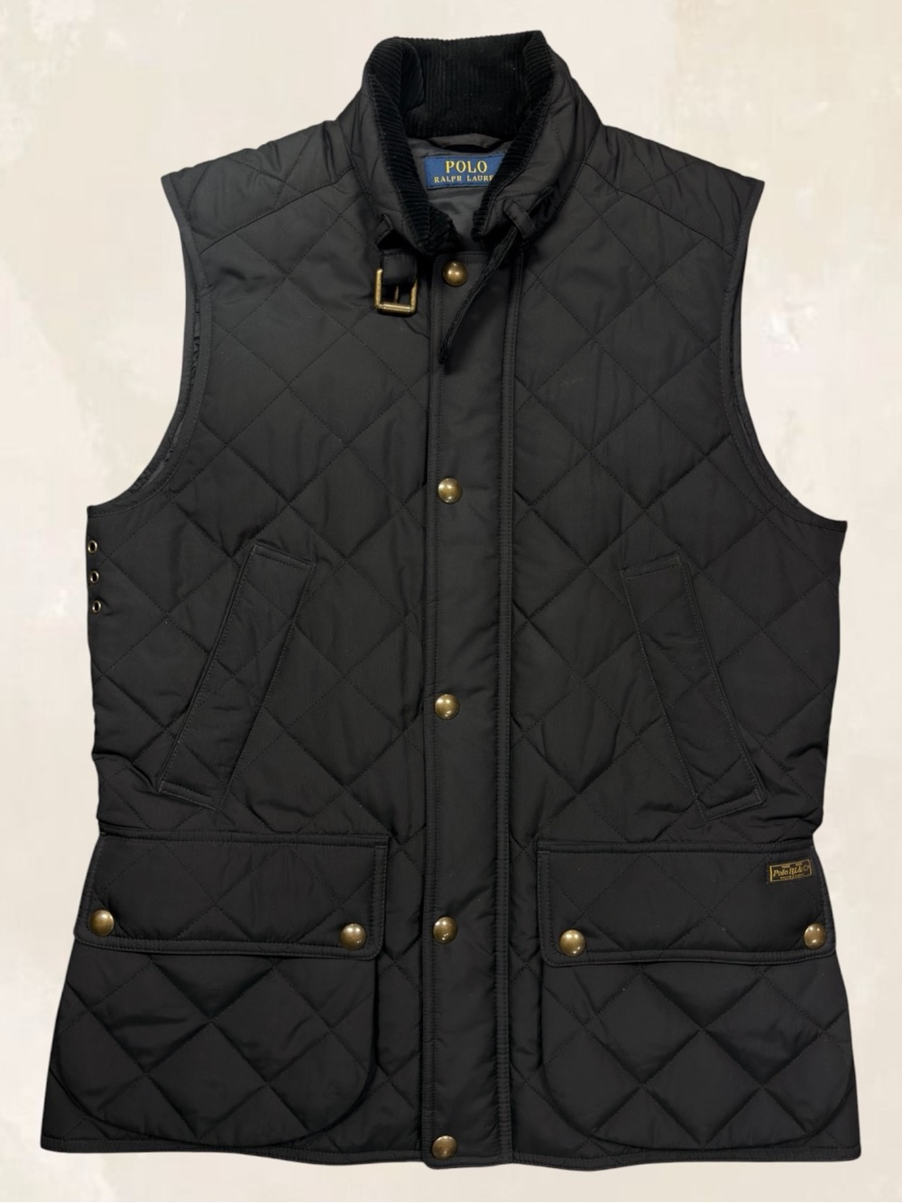 Ralph Lauren Black Quilted Snap-Front Vest with Buckle Collar